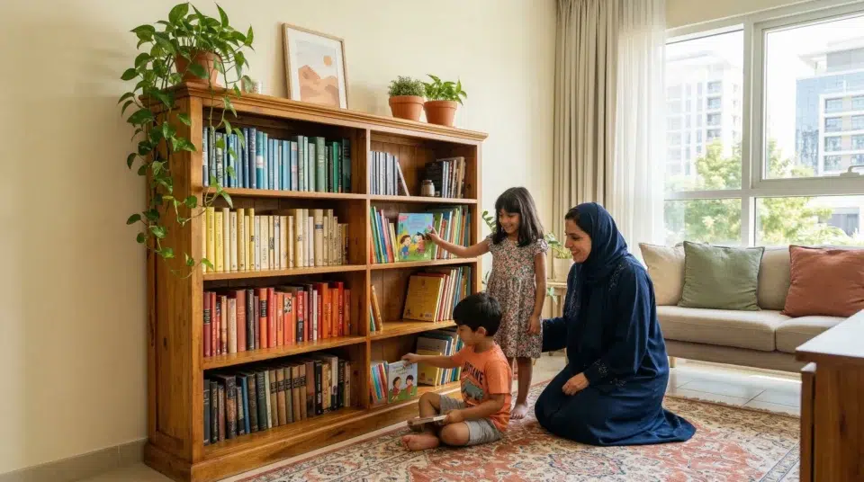 Wooden bookshelf, UAE solid rubber wood in JVC Dubai apartment, five years after purchase, showing warm aged patina, Karnak Home