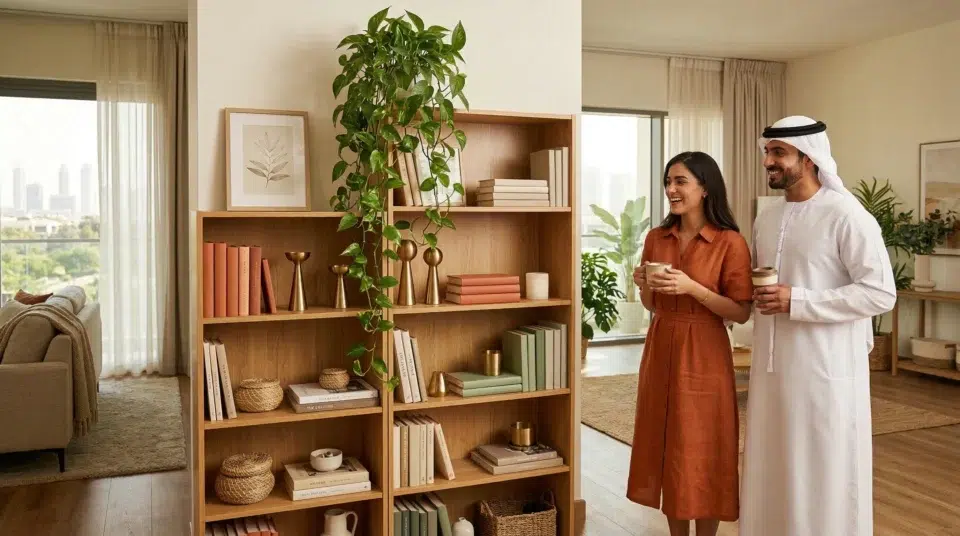 Best value bookshelf UAE honey oak budget bookcase styled beautifully in Dubai Hills apartment, Karnak Home