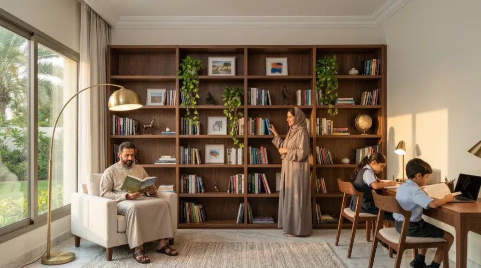 Bookshelf buying mistakes UAE avoided perfect result Meadows Dubai villa walnut bookcase family reading corner, Karnak Home