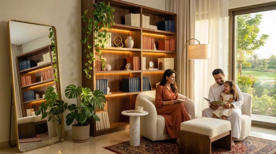 Bookshelf styling Dubai 2026 complete designer reading corner Jumeirah villa golden hour walnut bookcase and bouclé chair, Karnak Home UAE