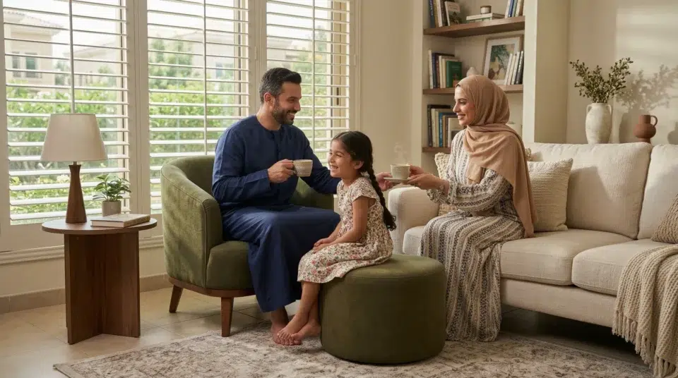 Family with accent chair Arabian Ranches villa UAE morning living room, Karnak Home