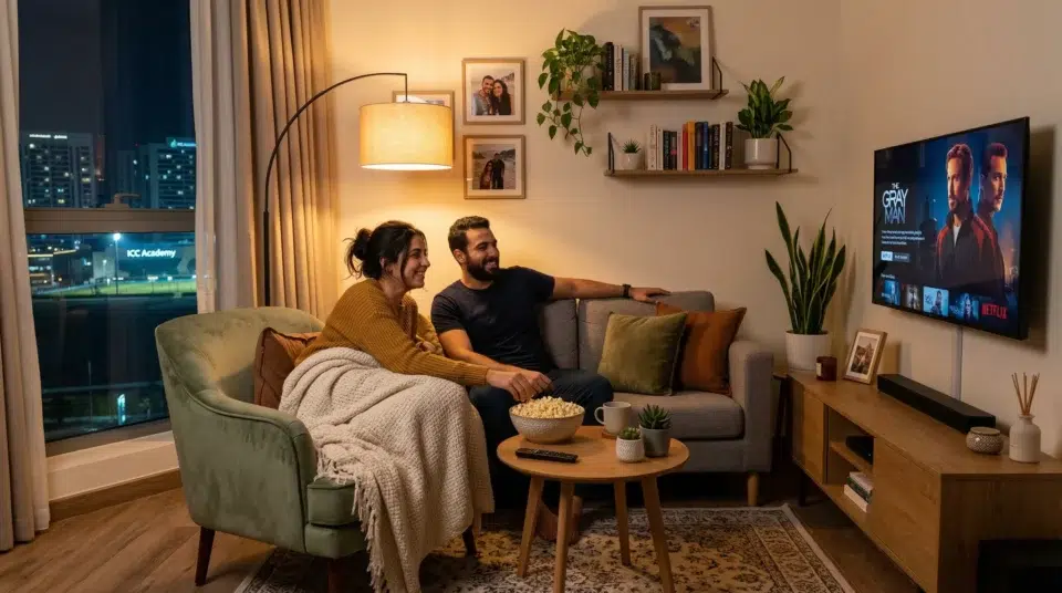 Compact accent chair Sports City Dubai apartment couple evening family living room, Karnak Home UAE