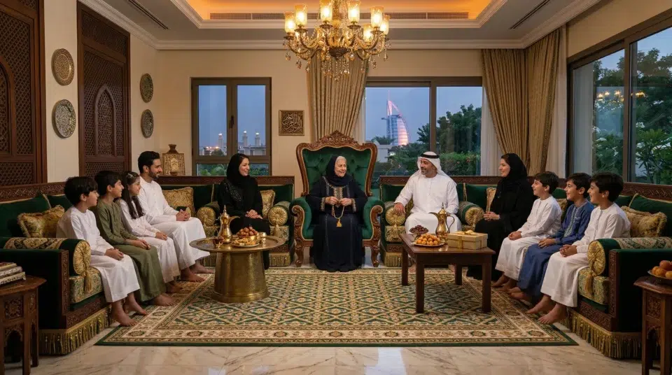 Emirati family Arabic accent chair majlis Eid Dubai villa grandmother formal gathering, Karnak Home UAE
