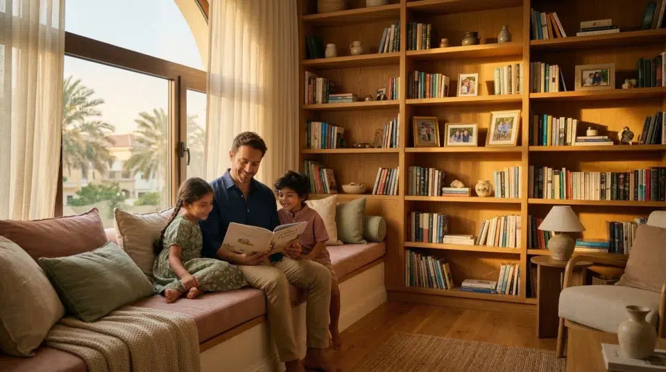 Home library UAE Dubai villa family reading corner at golden hour with solid oak bookshelf, Karnak Home