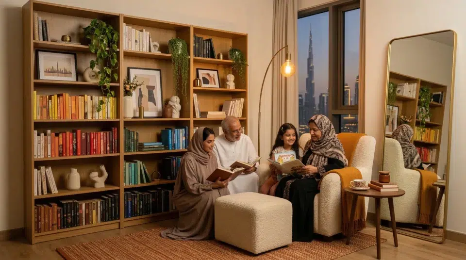 Home library ideas Dubai Downtown apartment complete reading corner with honey oak bookcase floor mirror and bouclé chair, Karnak Home UAE