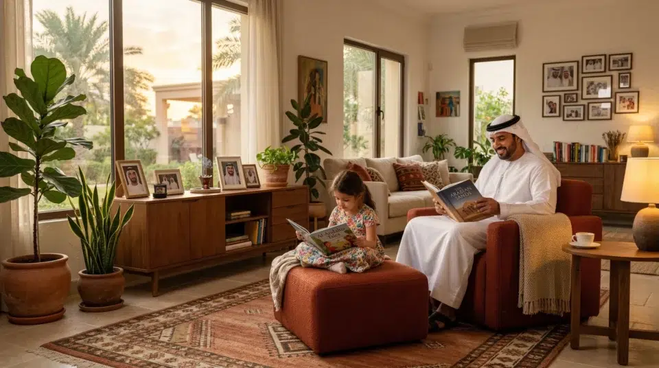 Family using terracotta accent chair UAE villa Abu Dhabi evening, Karnak Home
