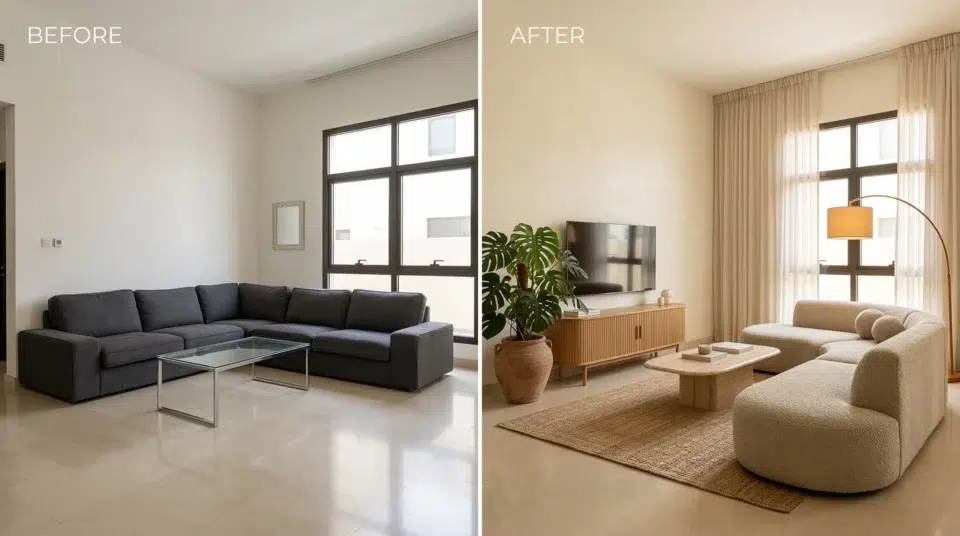 Living room trend transformation before and after UAE 2026 — Karnak Home Dubai