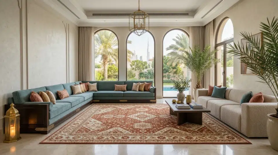 Completed blended majlis and modern living room UAE villa reveal 2026 — Karnak Home