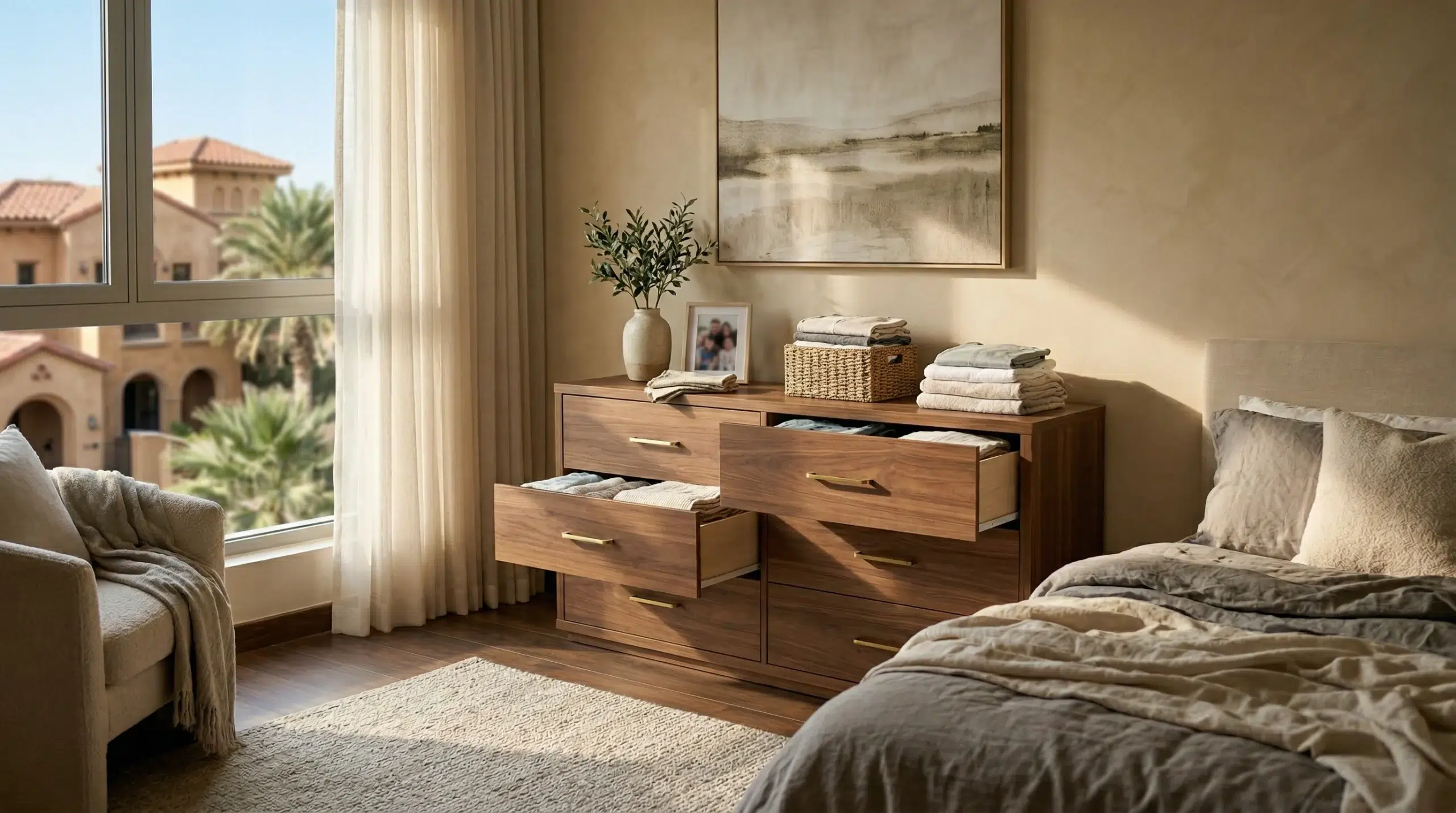 Dresser Dubai master bedroom villa styled with a 6-drawer wooden chest, Karnak Home UAE