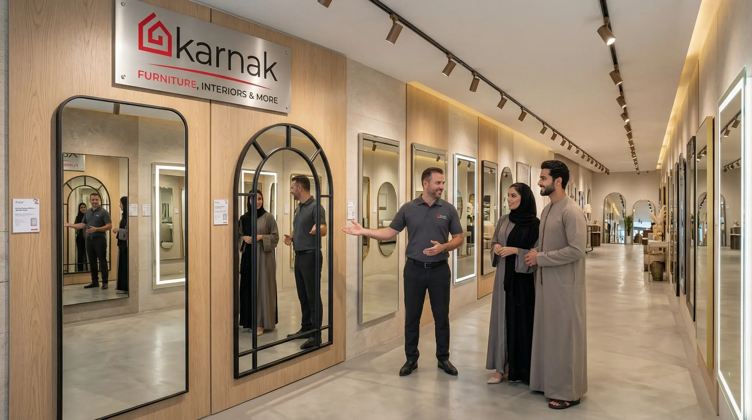 Karnak Home furniture showroom, Arjan Dubai, mirrors collection on display, consultant