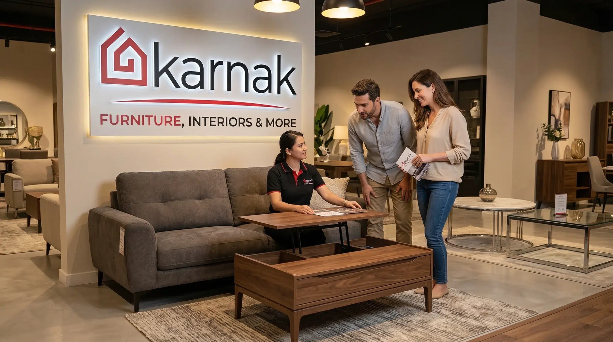 Karnak Home furniture showroom Arjan Dubai centre table living room on display consultant seated