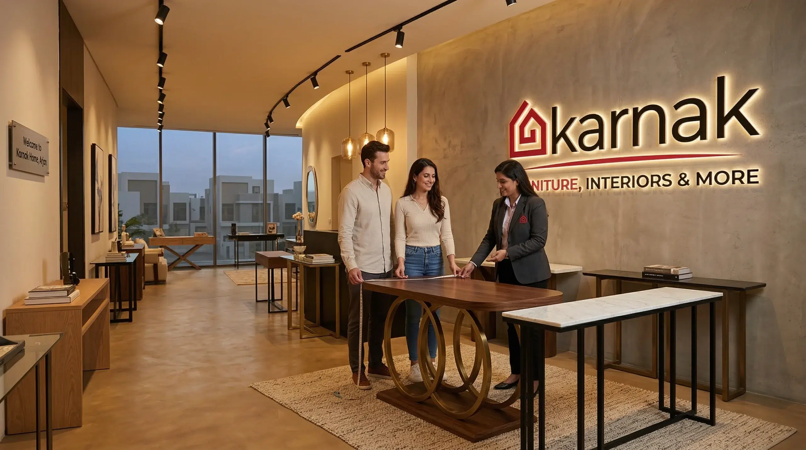 Karnak Home furniture showroom Arjan Dubai console table entryway display consultant couple