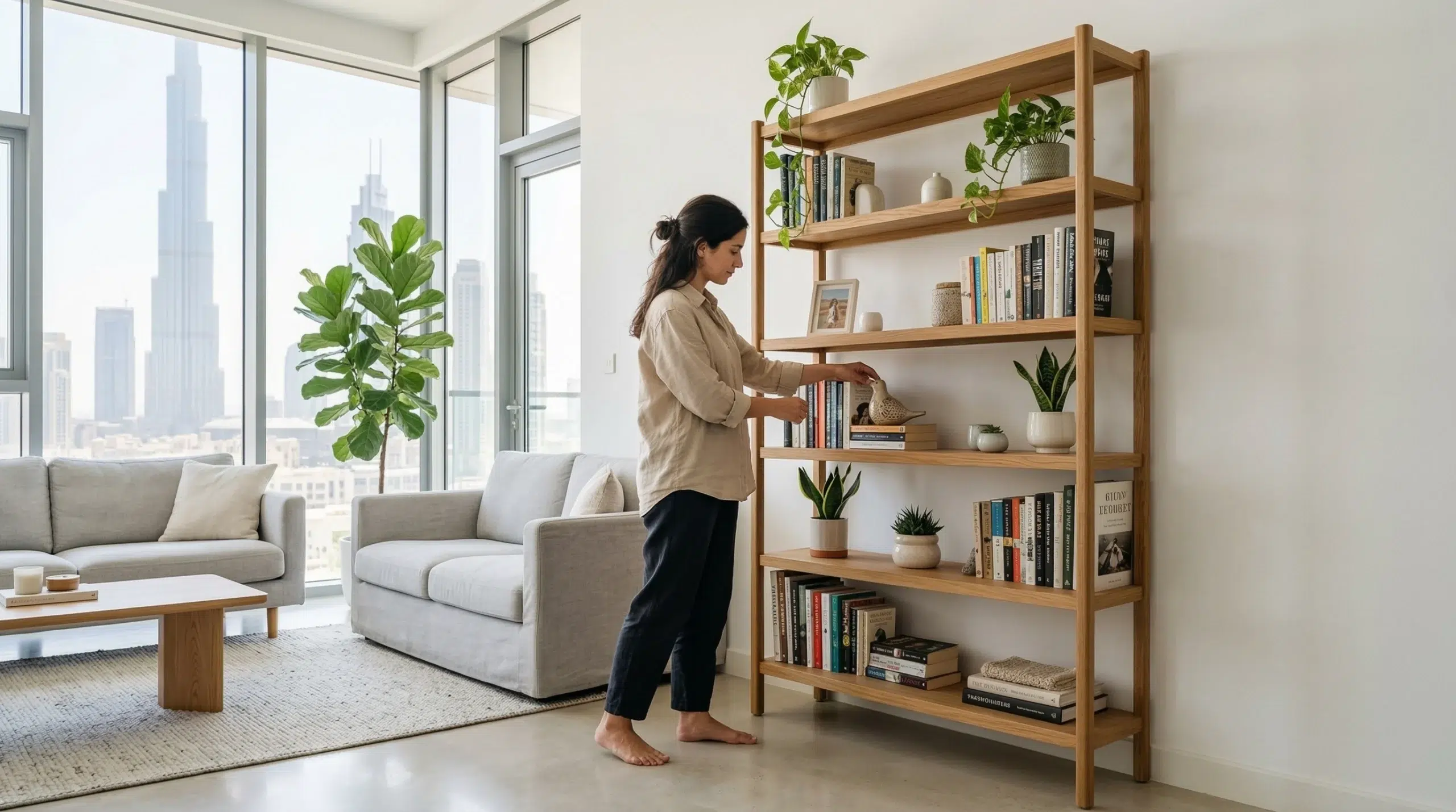 Bookshelf Dubai apartment living room UAE-made Karnak Home five-tier wooden shelving natural light