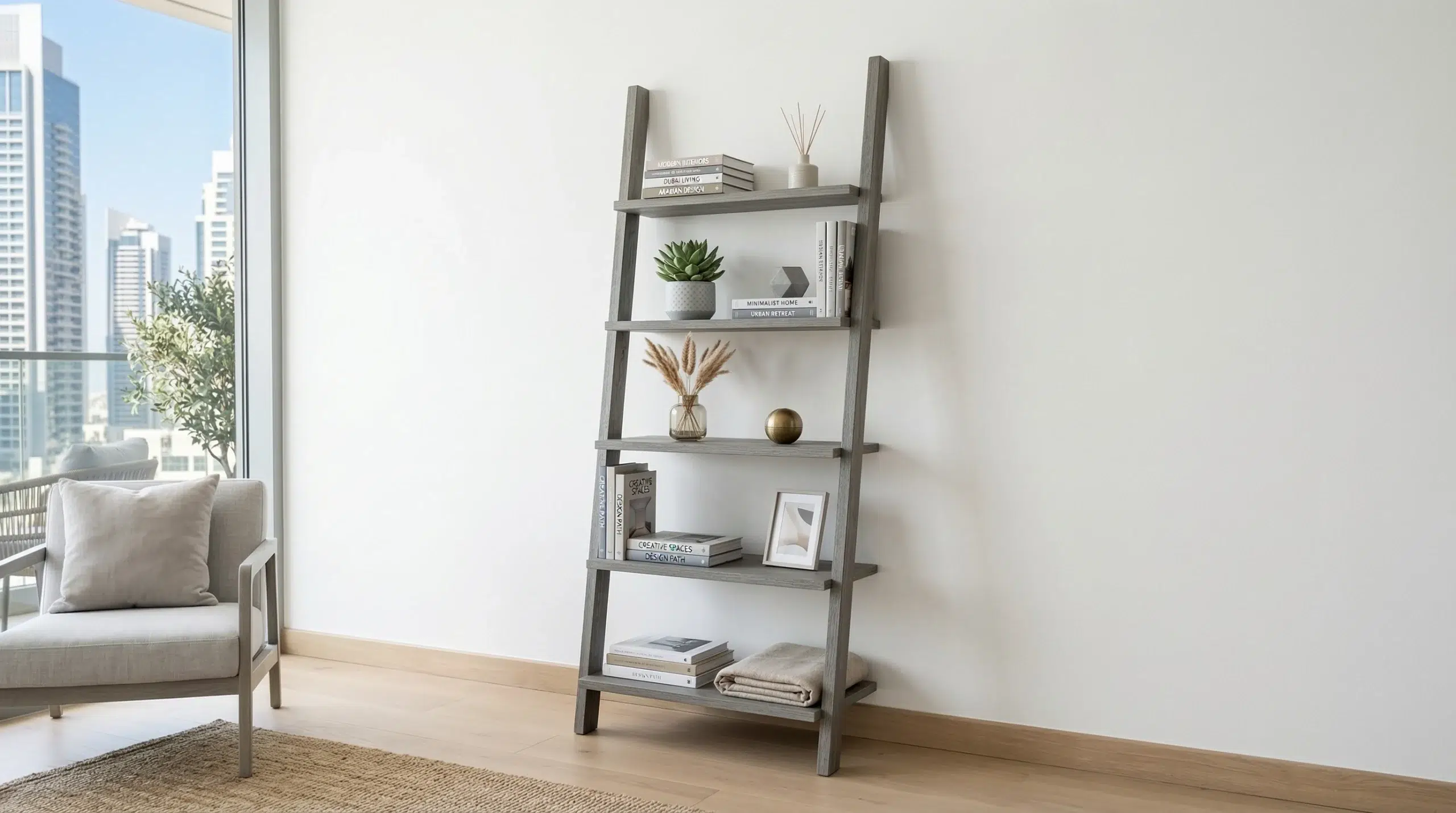 Ladder bookshelf grey leaning bookcase Dubai apartment Karnak Home UAE display shelves