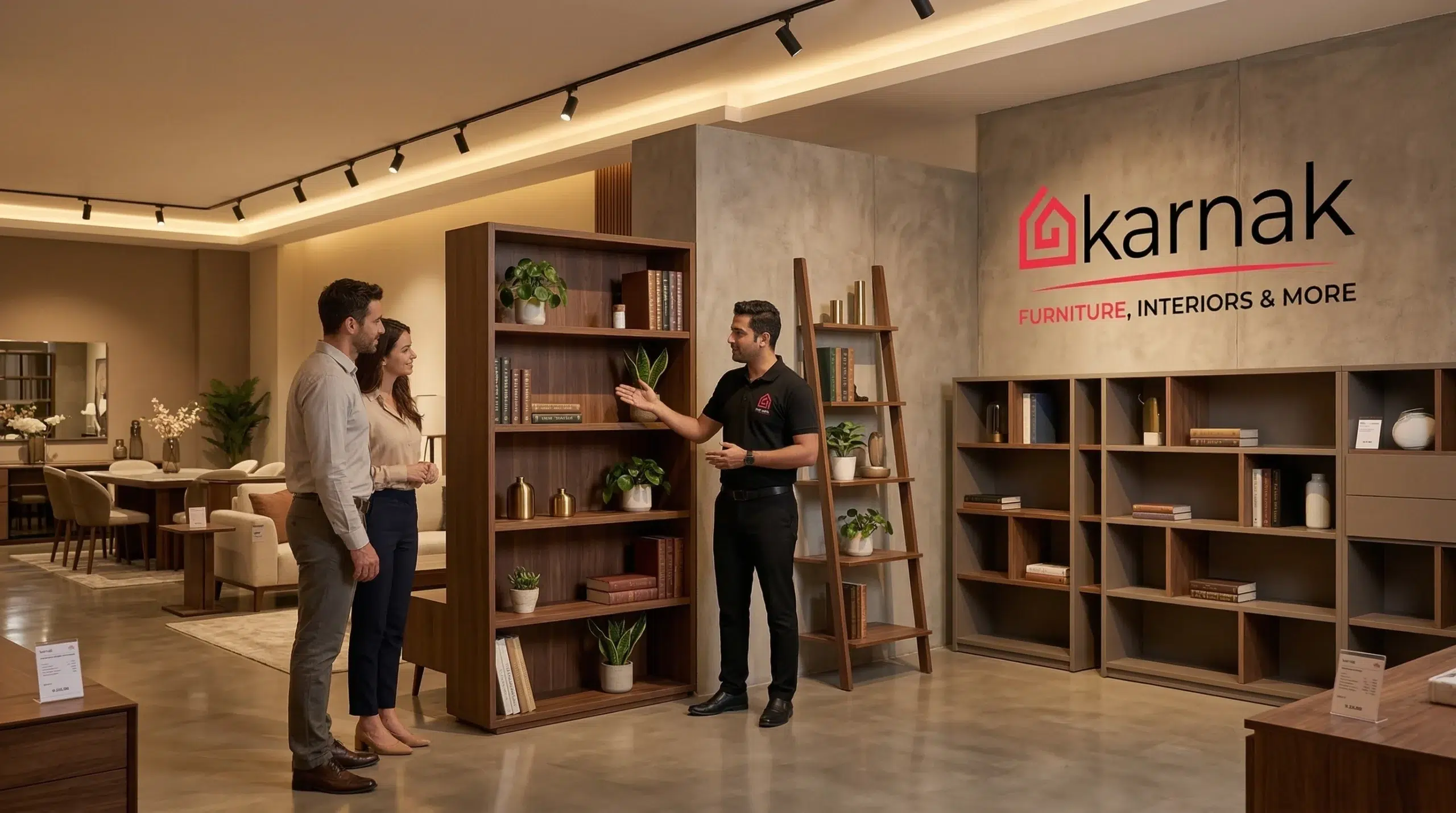 Karnak Home furniture showroom Arjan Dubai bookcases display shelves on display consultant
