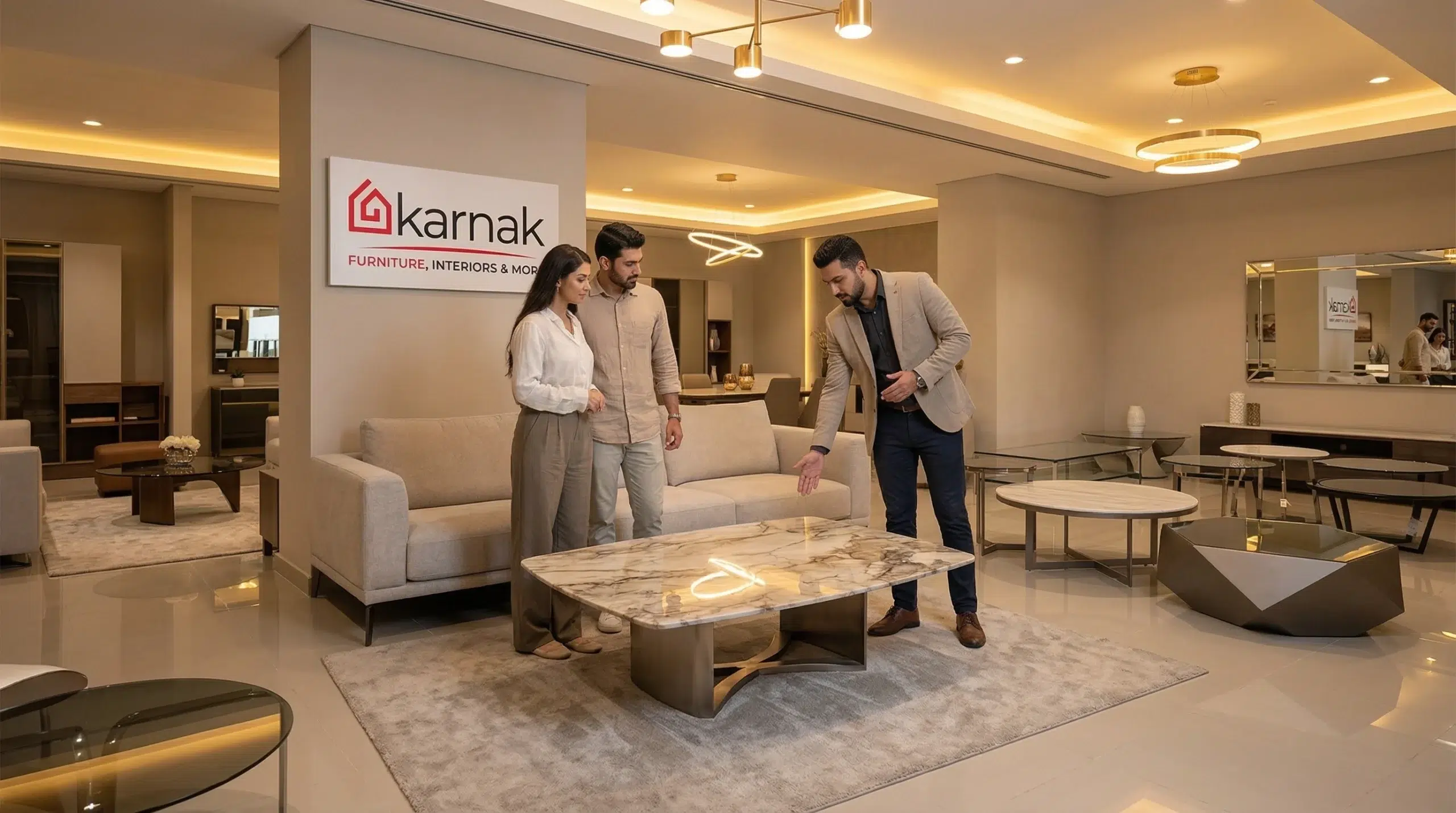 Karnak Home furniture showroom Arjan Dubai coffee table on display consultant