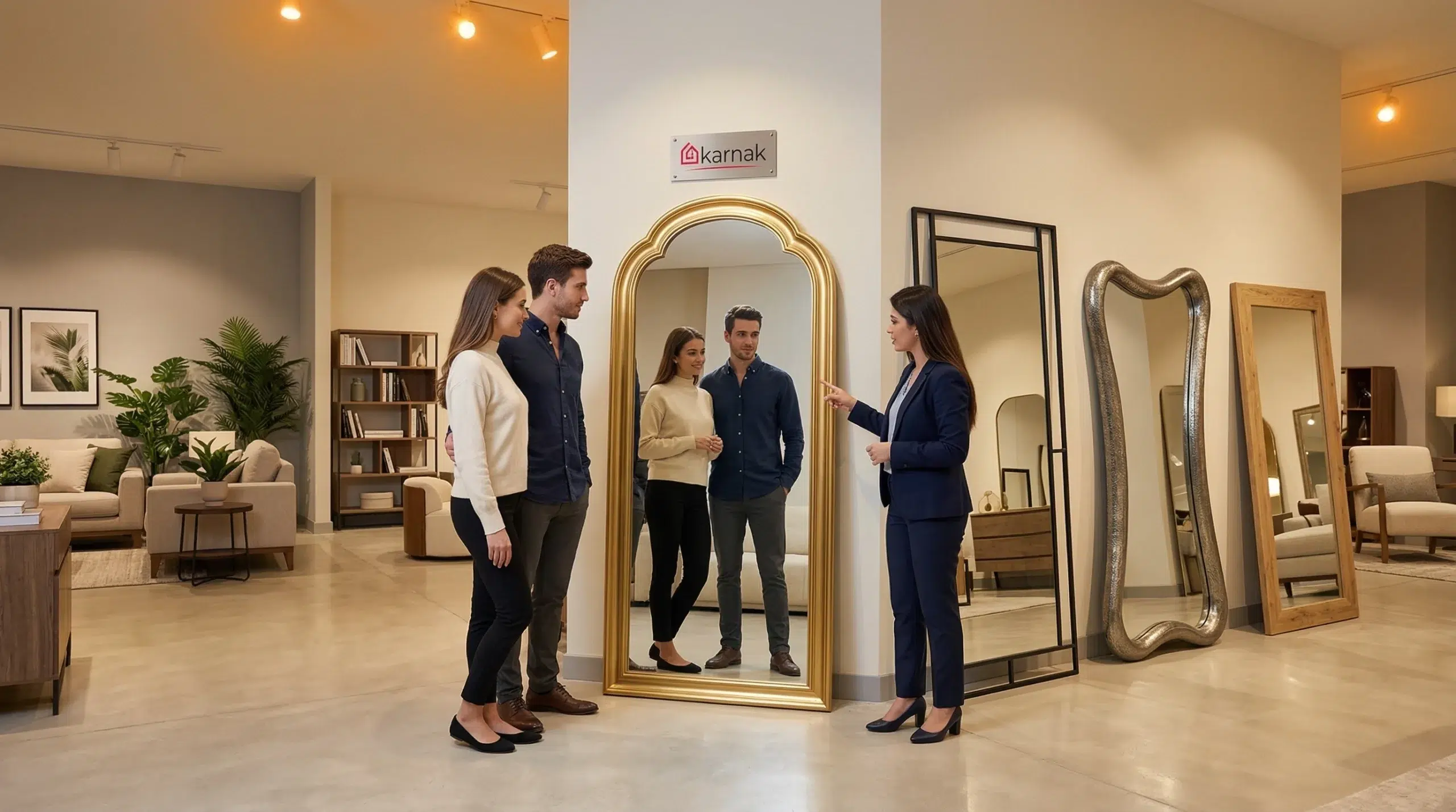 Karnak Home furniture showroom Arjan Dubai floor mirror on display consultant couple