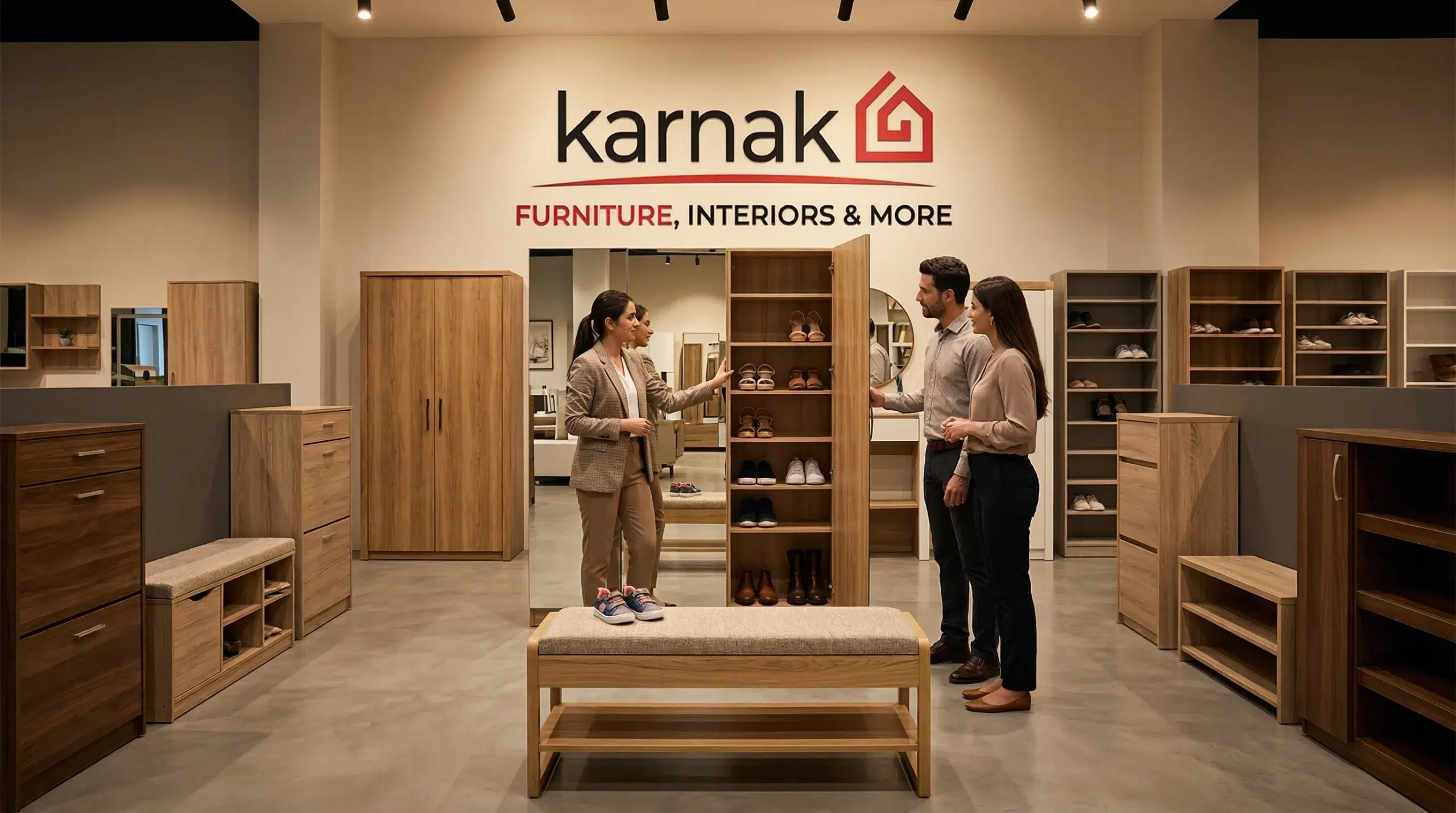 Karnak Home furniture showroom Arjan Dubai shoe cabinet entryway storage bench on display consultant