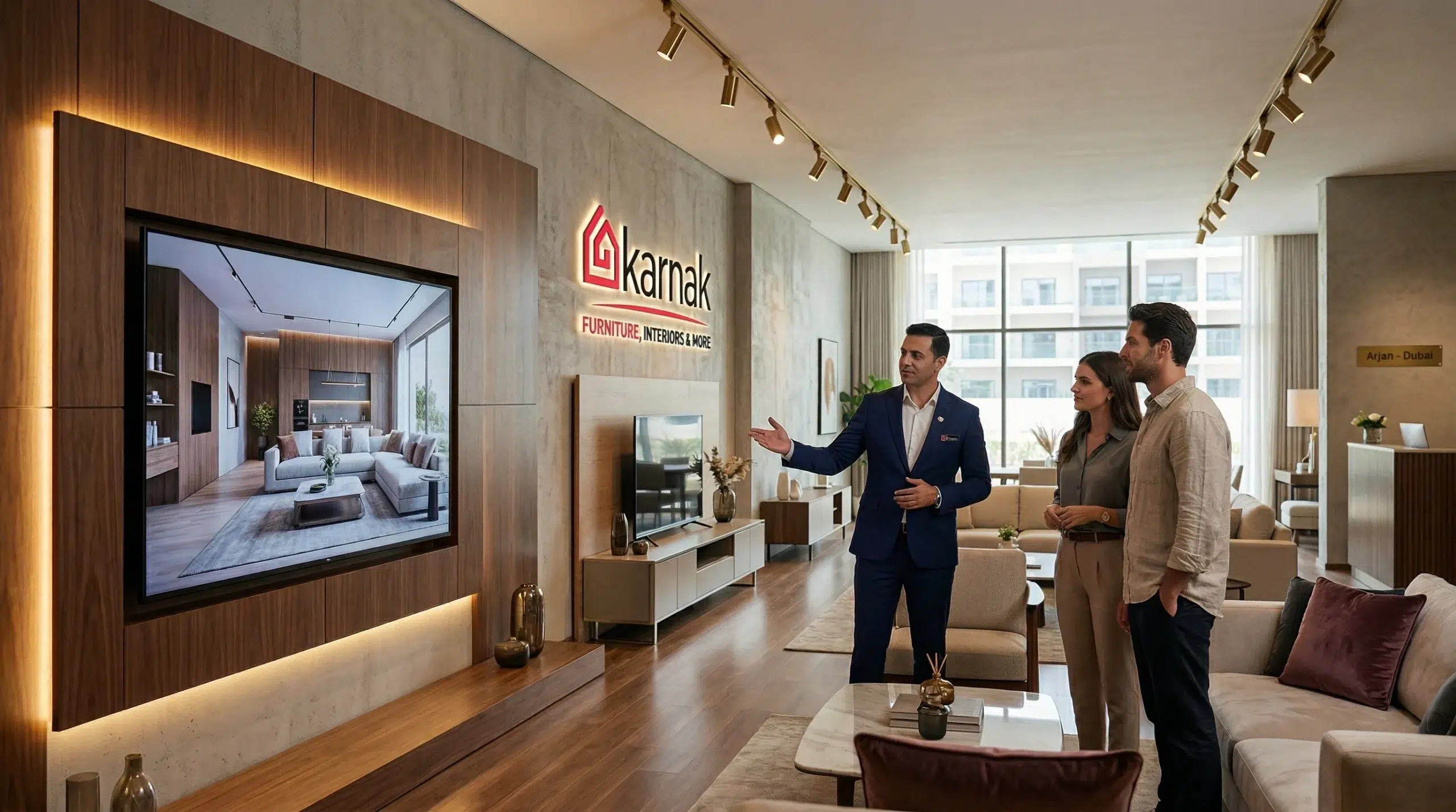 Karnak Home furniture showroom Arjan Dubai TV media units on display consultant