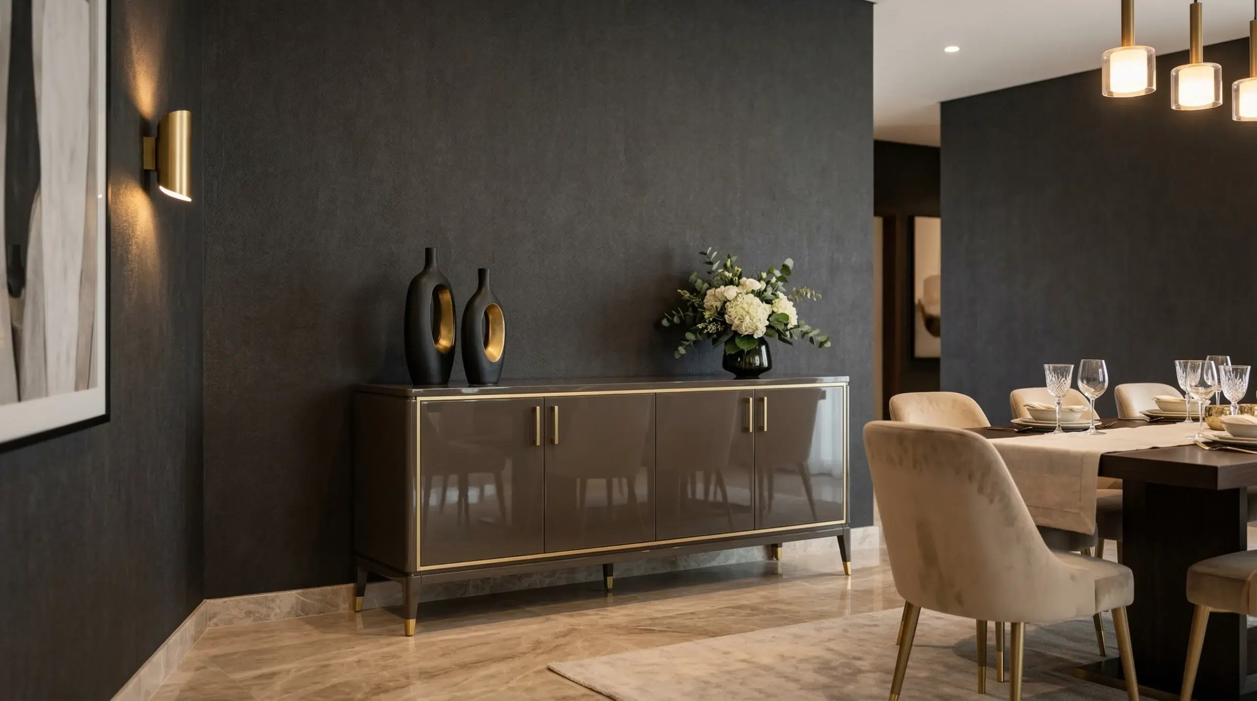 luxury buffet cabinet Dubai dining room Karnak Home UAE high-gloss sideboard gold hardware