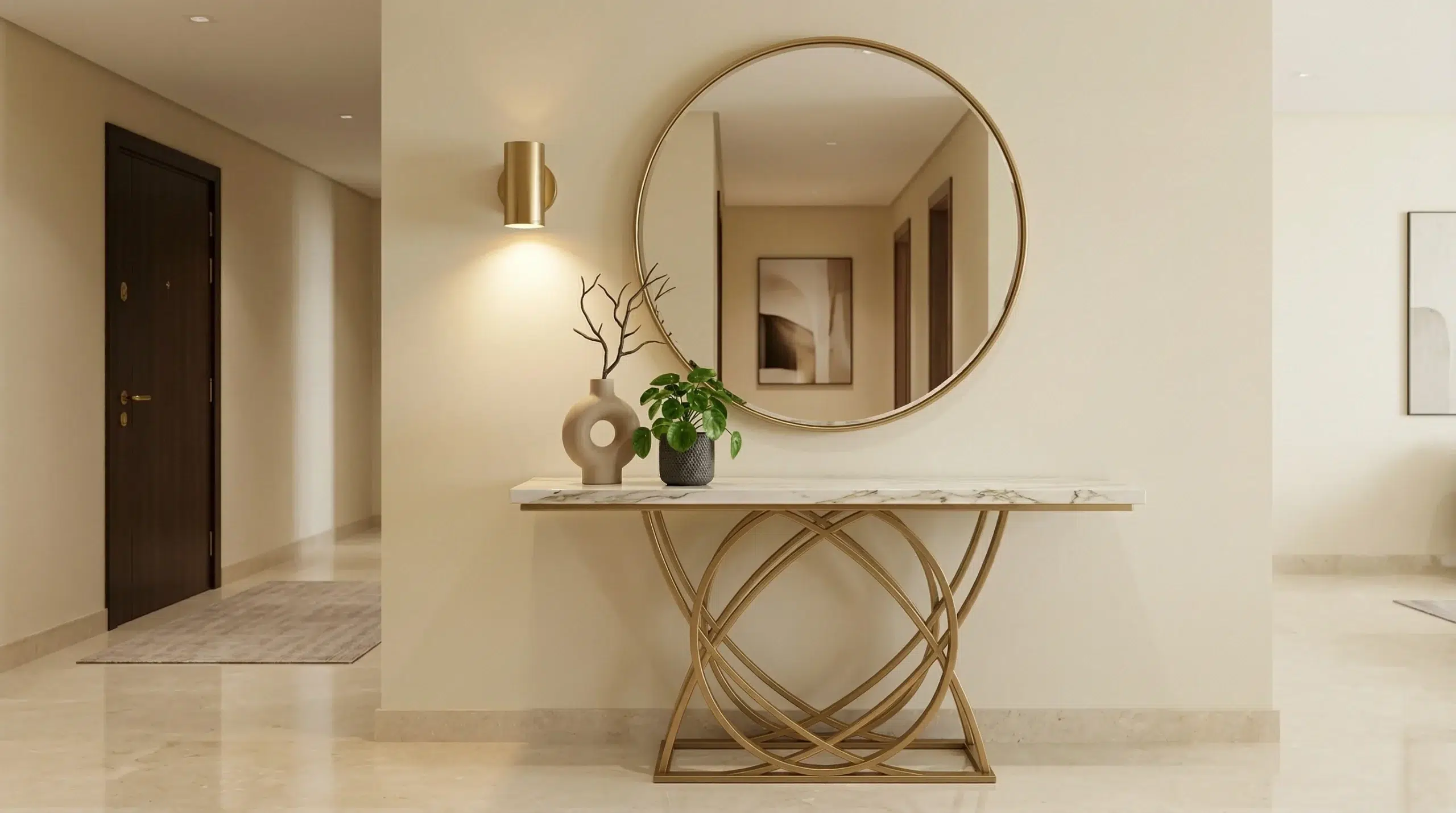 modern console table Dubai entrance hall Karnak Home UAE sculptural base entryway design