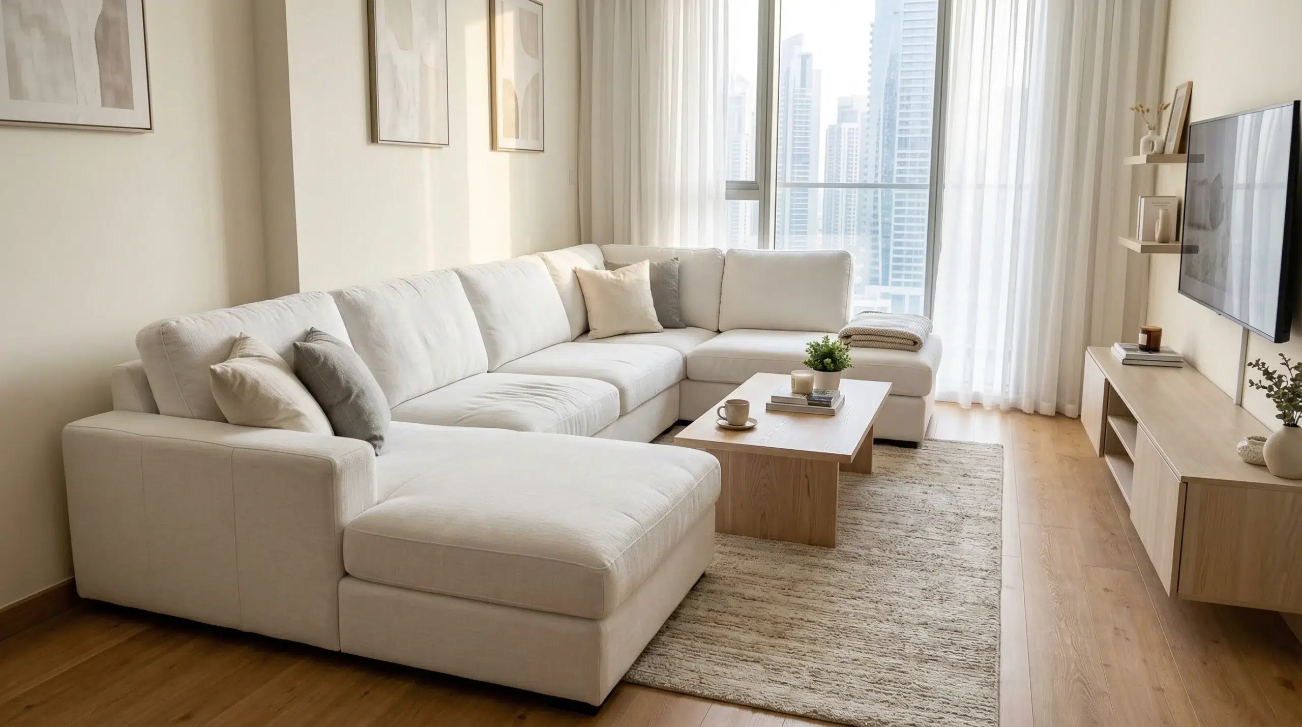 6 seater L shape sofa white linen Dubai UAE — corner sofa apartment, Karnak Home