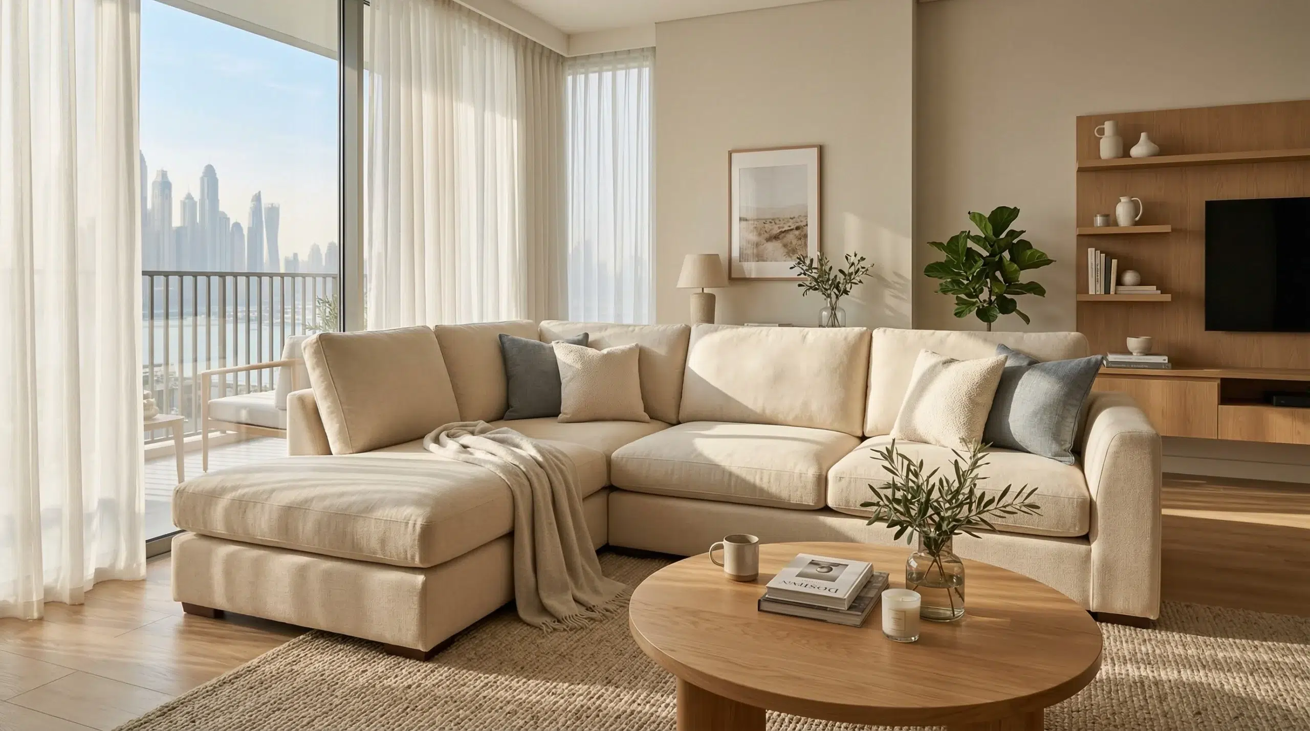 3 seater corner sofa L-shape Dubai UAE — linen sectional in apartment, Karnak Home