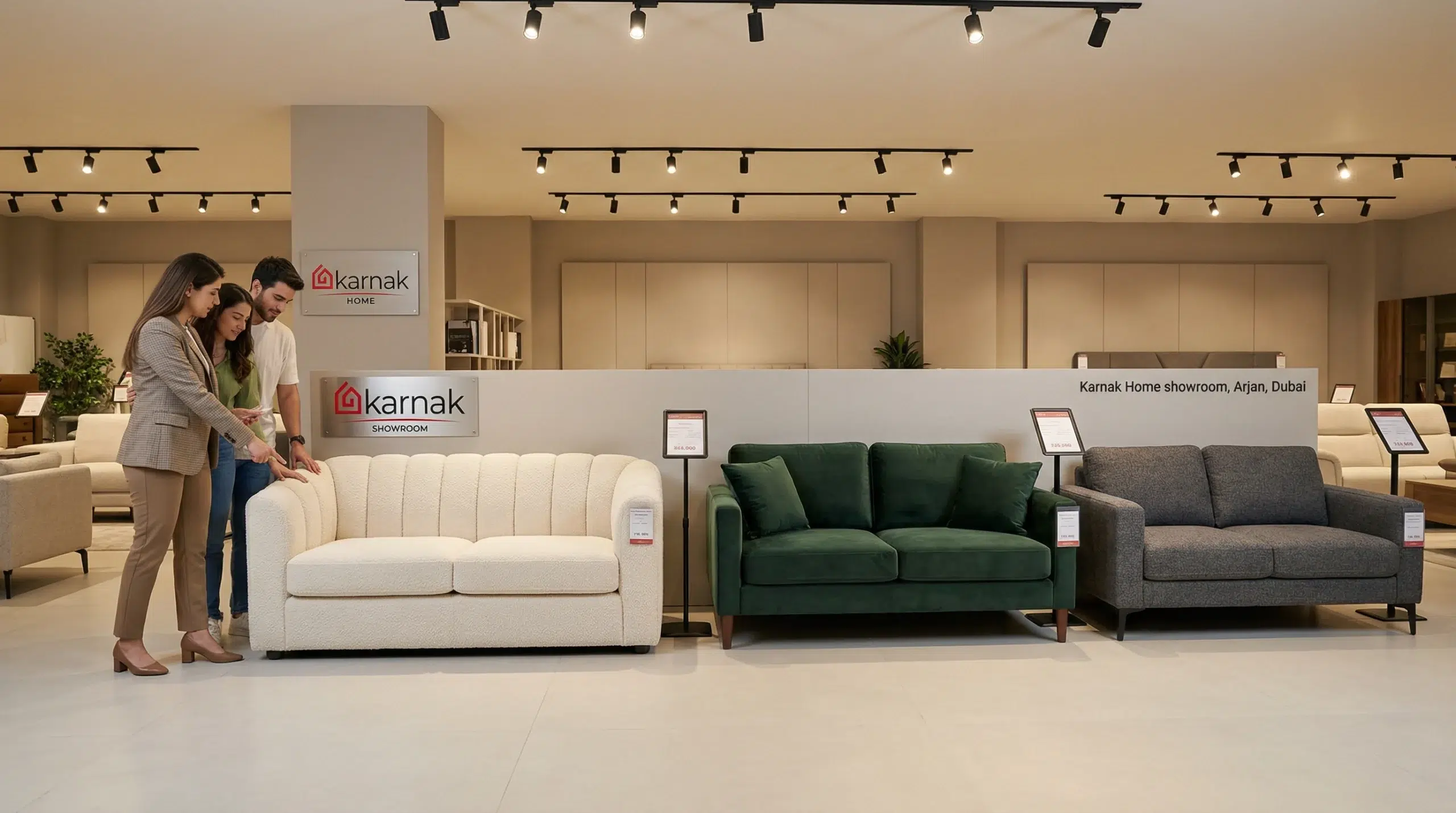 Karnak Home furniture showroom Arjan Dubai 2 seater sofas on display consultant