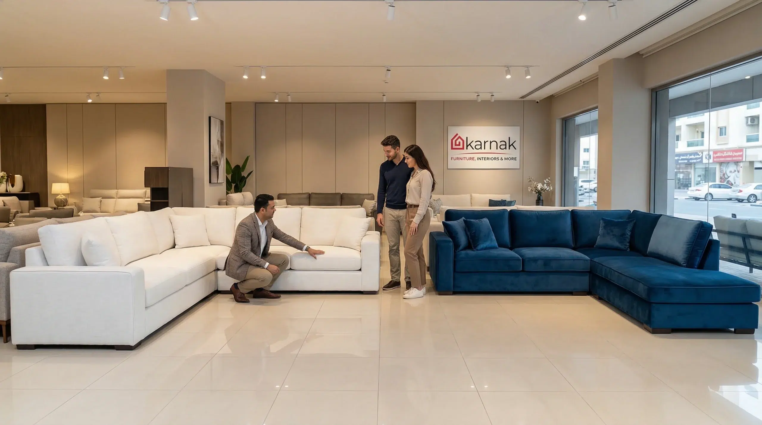 Karnak Home furniture showroom Arjan Dubai L shape sofas corner sofas on display consultant