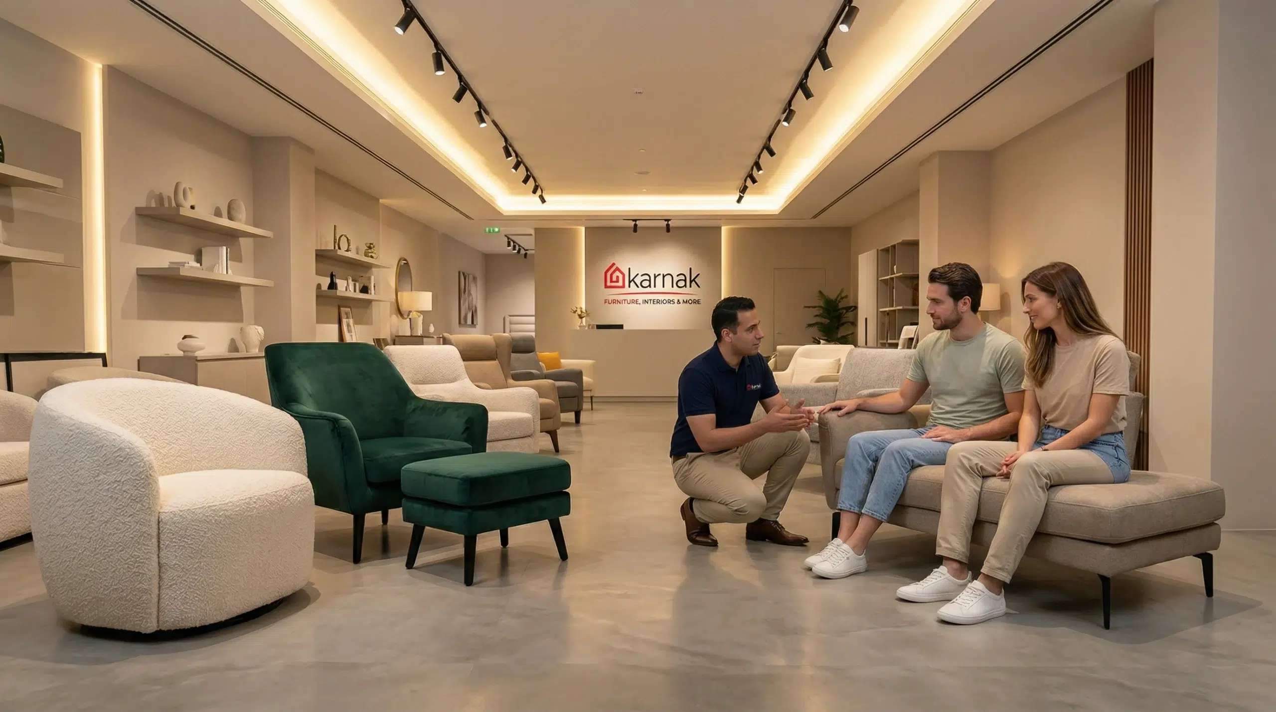 Karnak Home furniture showroom, Arjan Dubai, accent chairs, armchairs on display, consultant