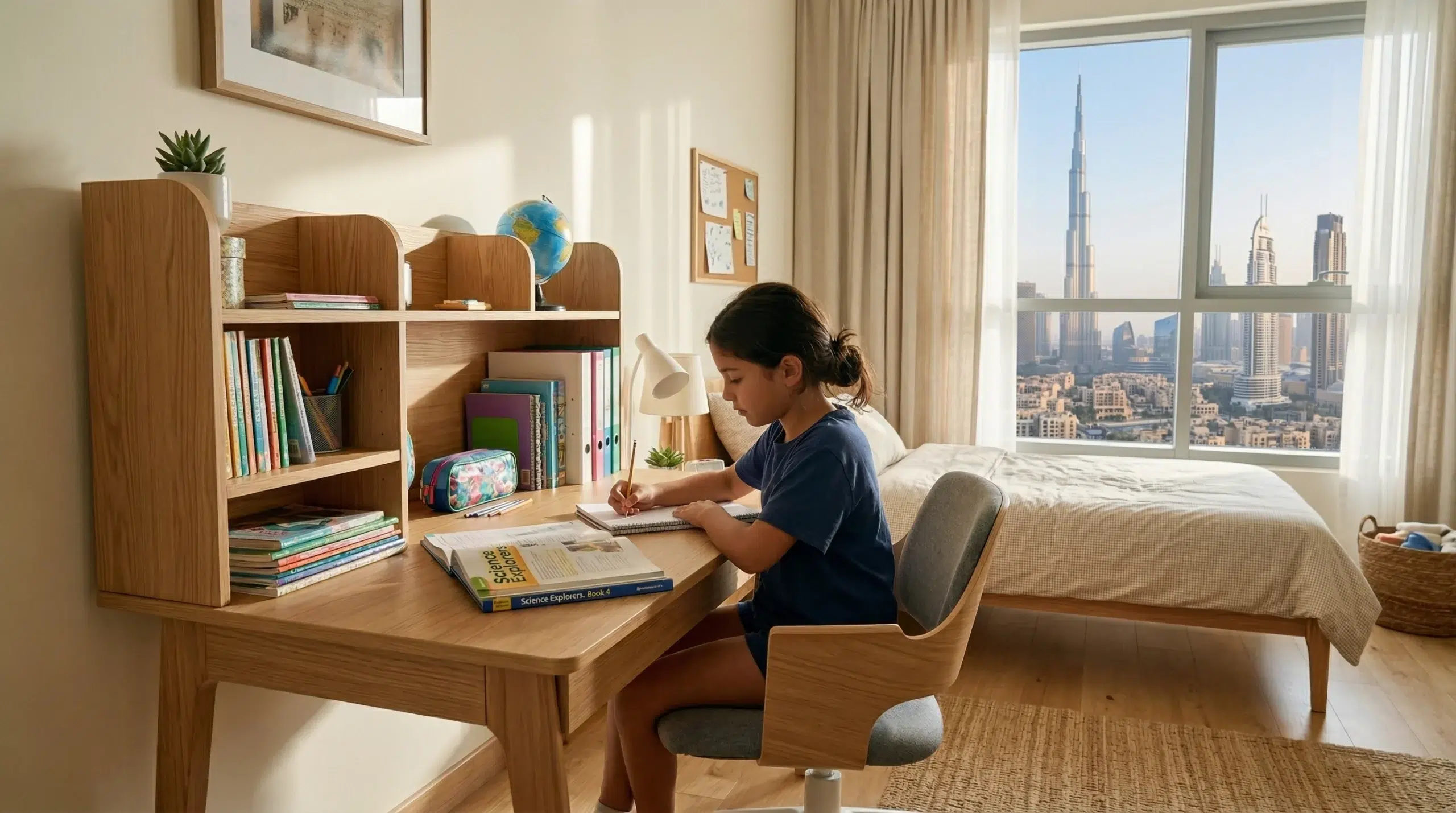 Study desks Dubai — child at wooden kids study table in UAE apartment bedroom morning light