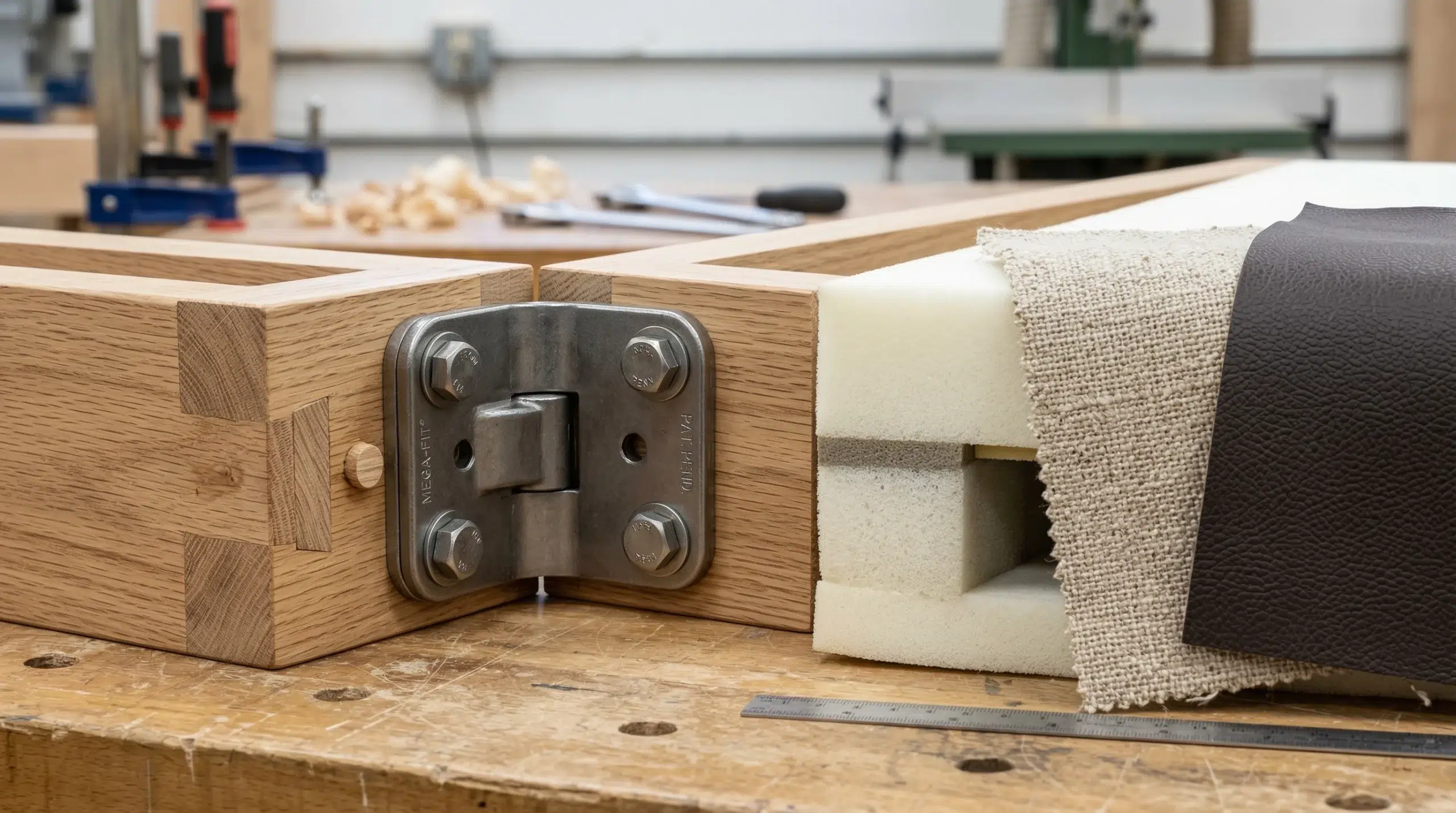 Quality L shape sofa construction — corner connection hardware solid frame UAE-made Karnak Home