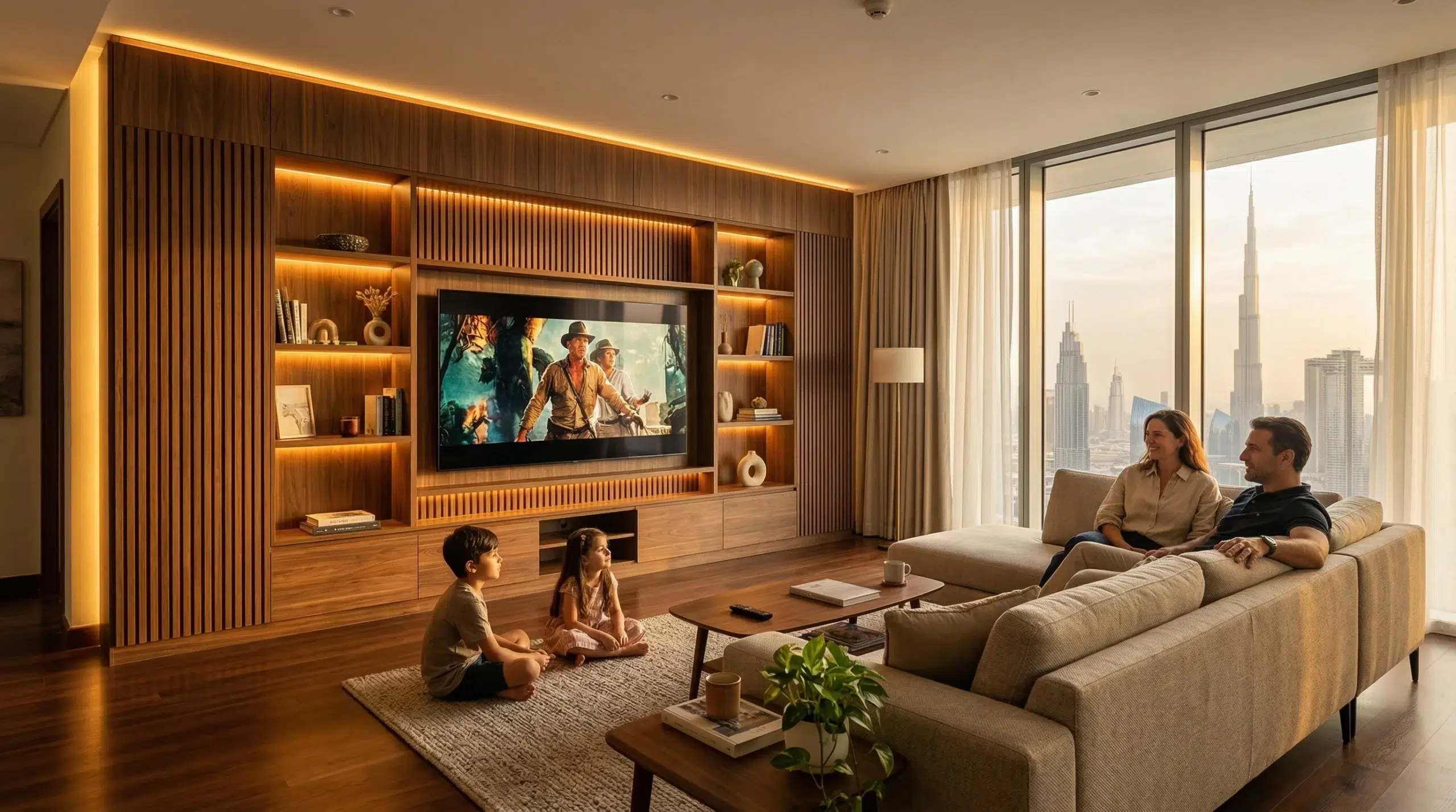 TV media units Dubai living room with LED backlit wall panel Karnak Home UAE