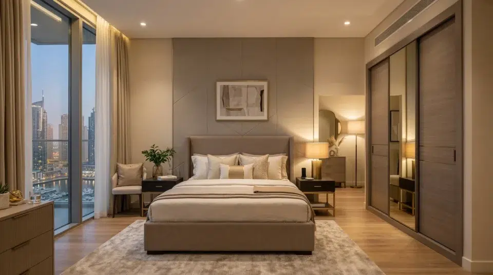 Bedroom furniture sizes and clearance guide for UAE apartments – queen bed with wardrobe