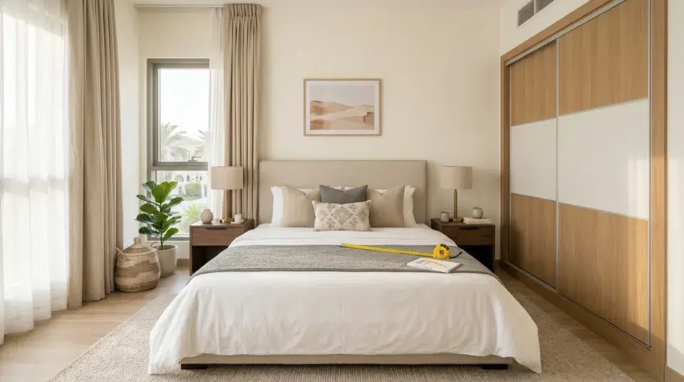 Bedroom furniture measurement UAE — king size bed and wardrobe dimensions in Dubai apartment