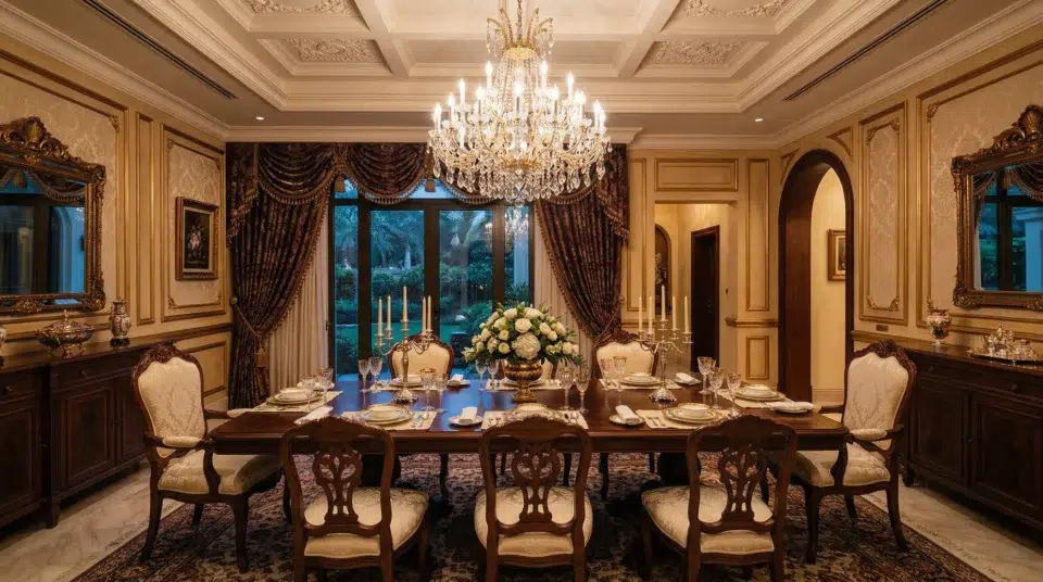 classic-furniture-uae-villa-dining-room.jpg ALT: Classic furniture in a formal UAE villa dining room with carved walnut table