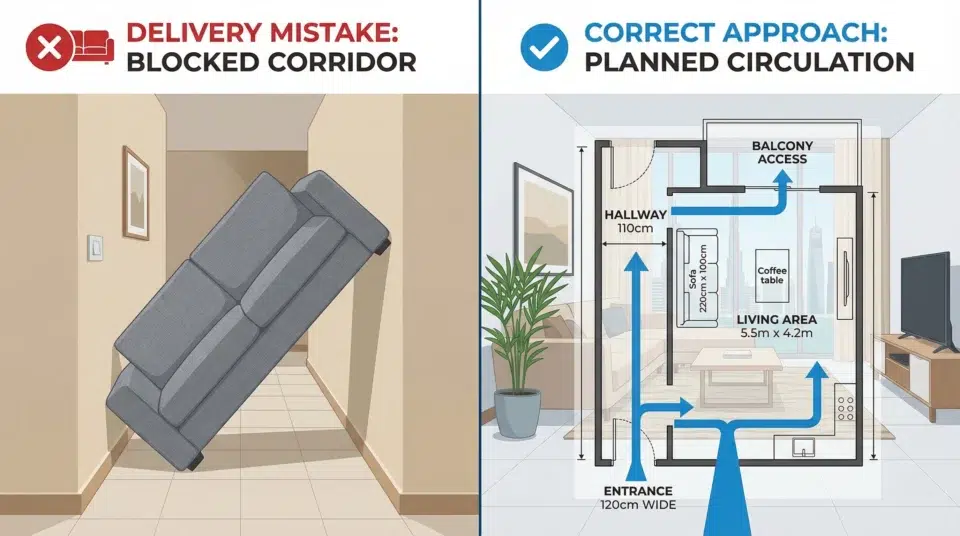 Common furniture measuring mistakes in UAE homes — delivery path blocked vs correct floor plan
