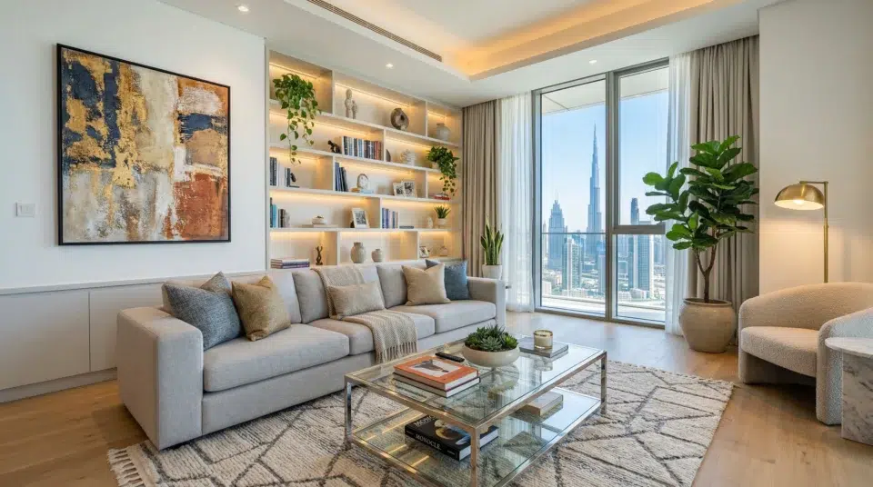 Contemporary furniture in a modern UAE apartment living room