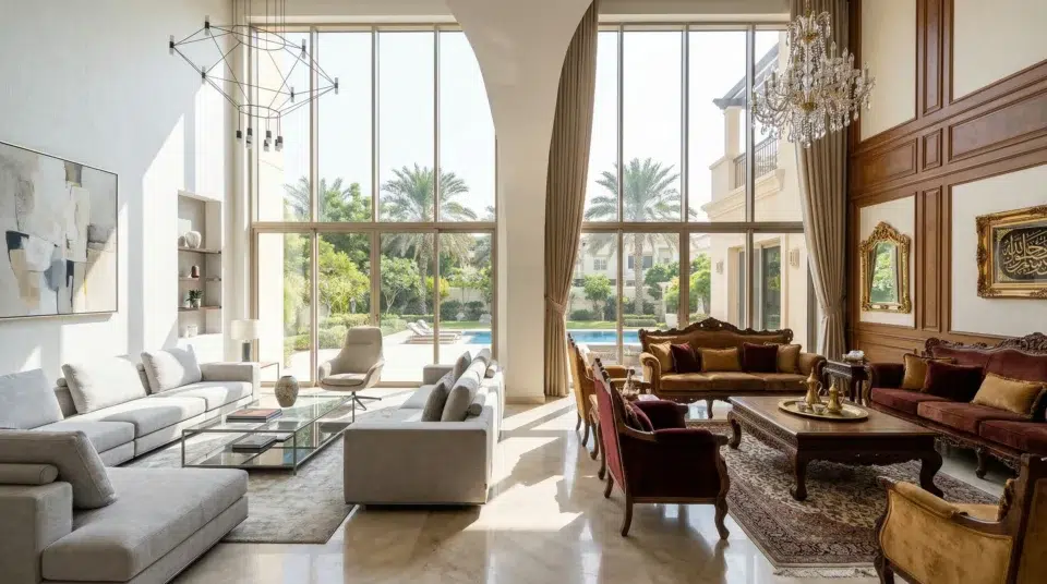 Contemporary vs classic furniture side-by-side in a UAE villa living room