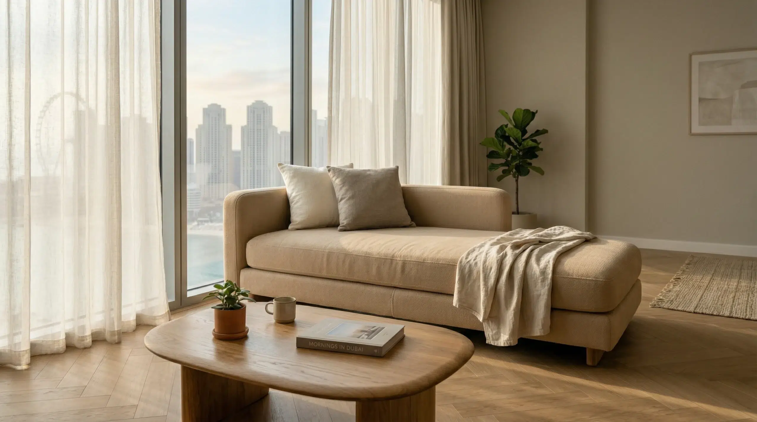 Upholstered daybed in a modern Dubai apartment living room with natural light