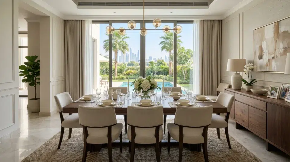 8-seater dining table in Dubai villa dining room — furniture planning for UAE families