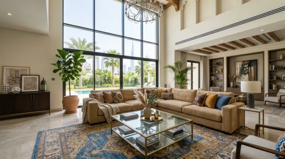 Large L-shaped sofa in Dubai villa living room — villa furniture planning guide