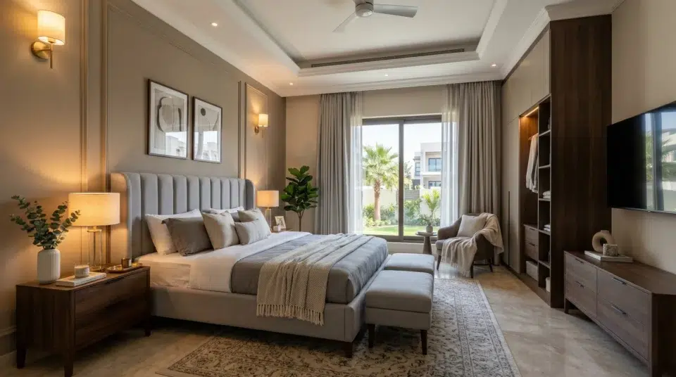 Master bedroom furniture planning for Dubai villa — king bed and fitted wardrobe