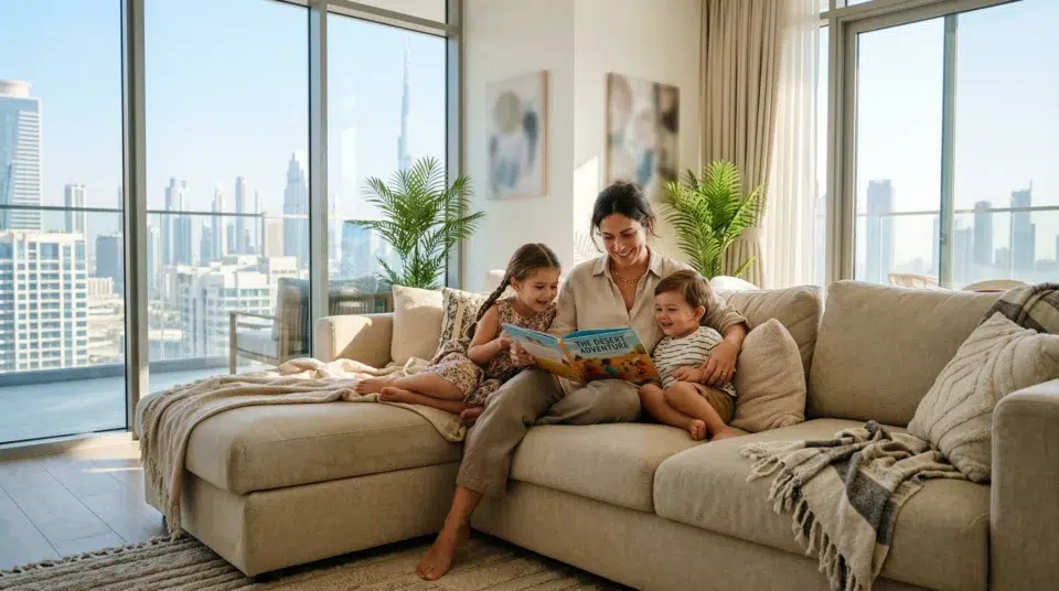 Family sitting on a corner sofa in a Dubai apartment – buying guide