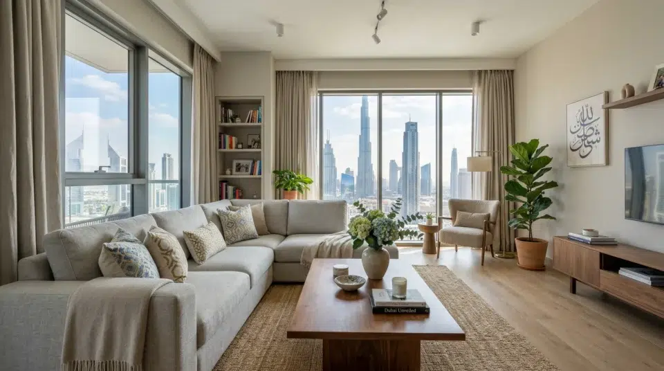 Furnished living room in a Dubai apartment with sectional sofa and modern decor — Karnak Home