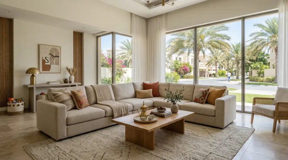 Furniture sizes UAE homes – well-proportioned living room in a Dubai villa with L-shaped sofa and coffee table