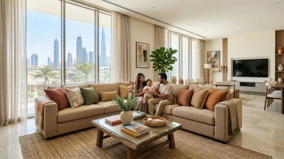 Buy sofa Dubai – spacious L-shaped sofa in a modern UAE villa living room