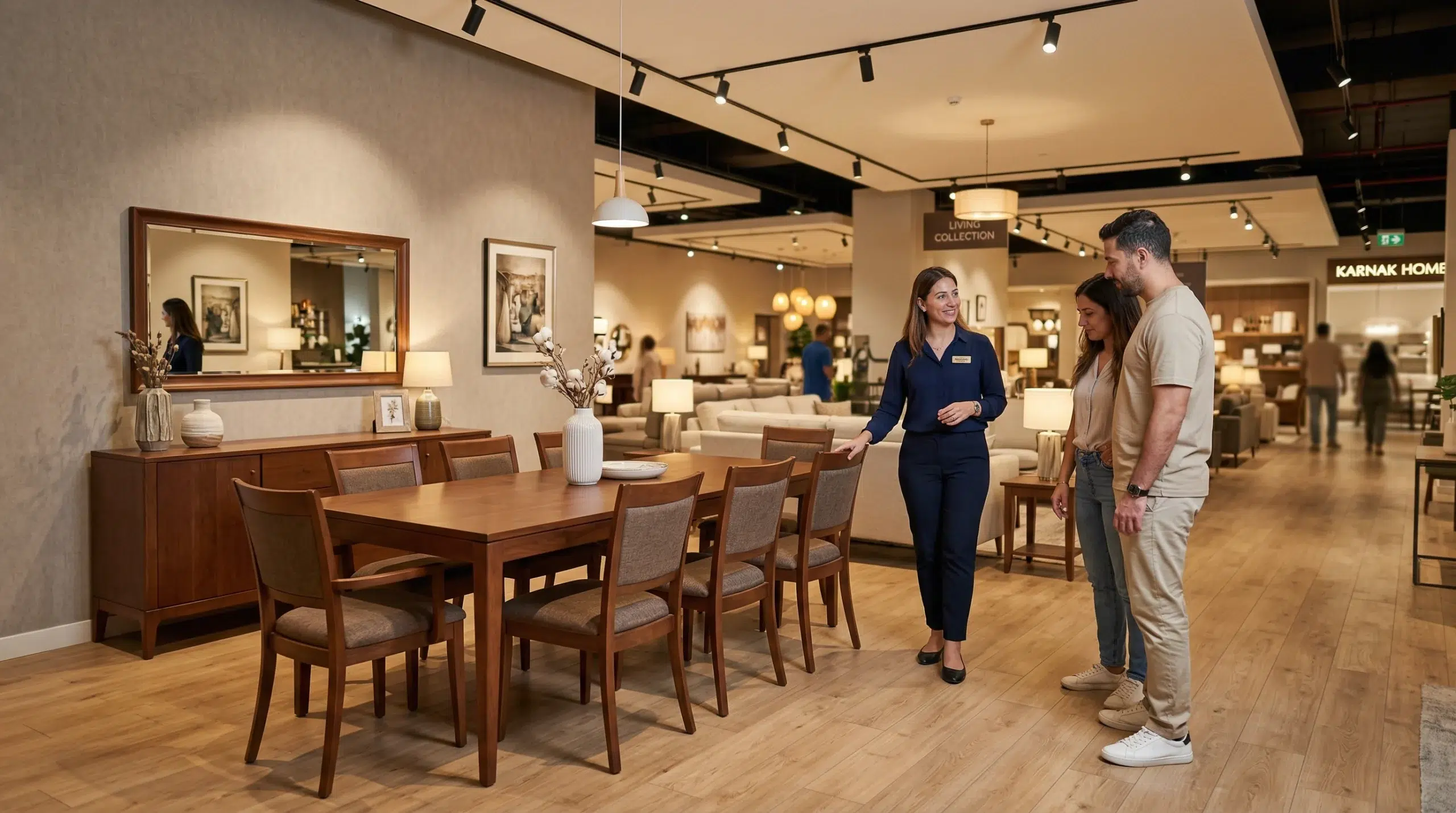 karnak-home-showroom-arjan-dubai.jpg Alt: Karnak Home furniture showroom Arjan Dubai dining tables on display consultant 