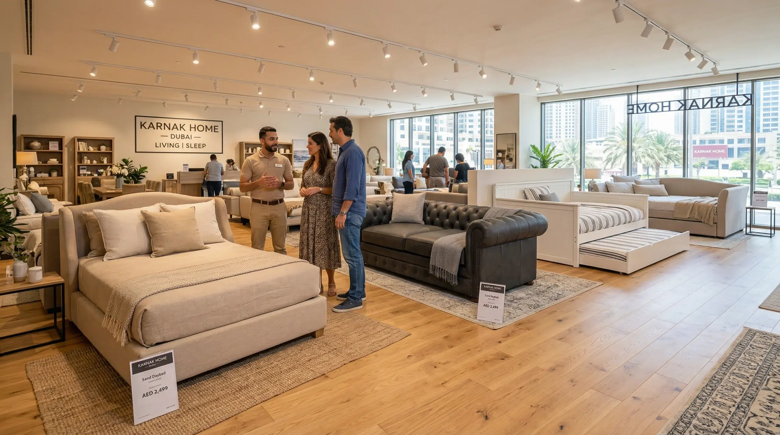 Karnak Home furniture showroom, Arjan Dubai daybeds on display, consultant