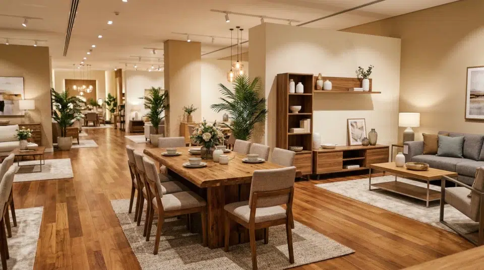 Karnak Home Dubai showroom featuring solid wood and engineered wood furniture collections